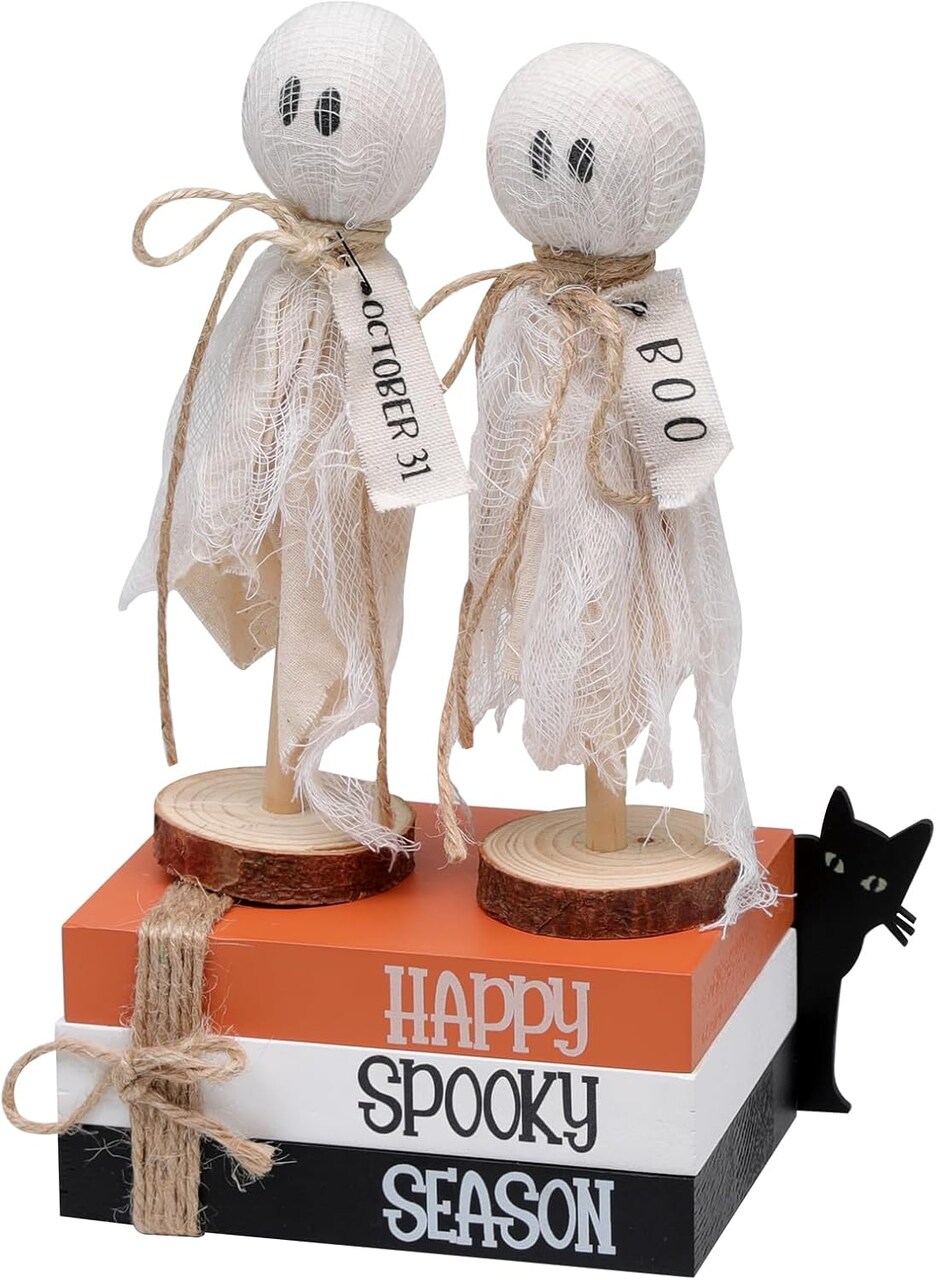 6PCS Halloween Decorations Indoor Wood Book Stack (Happy Spooky Season)